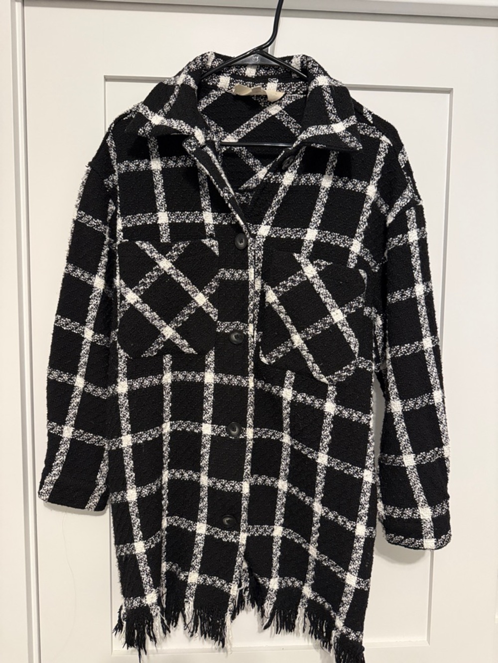 Promesa Black & White Plaid Fringe Trench Coat